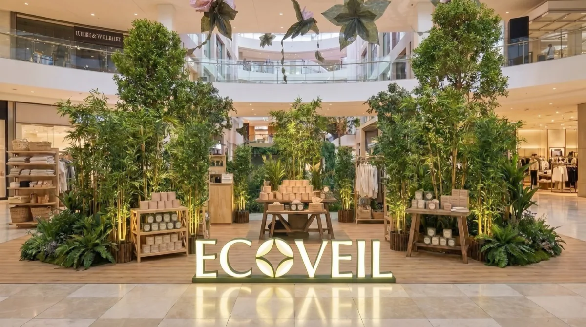 Large atrium booth concept among bamboo planting in a mall.