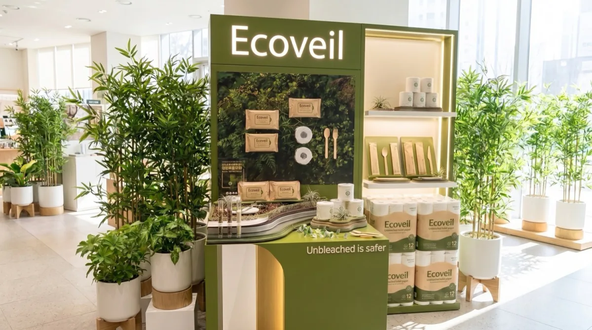 Compact kiosk booth concept with shelving and a small product landscape.