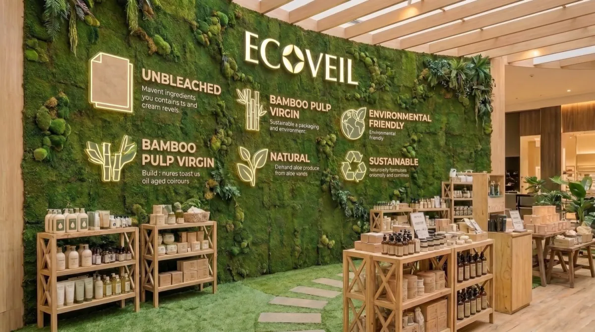 Retail booth concept with a living moss wall carrying the brand name and product claims.