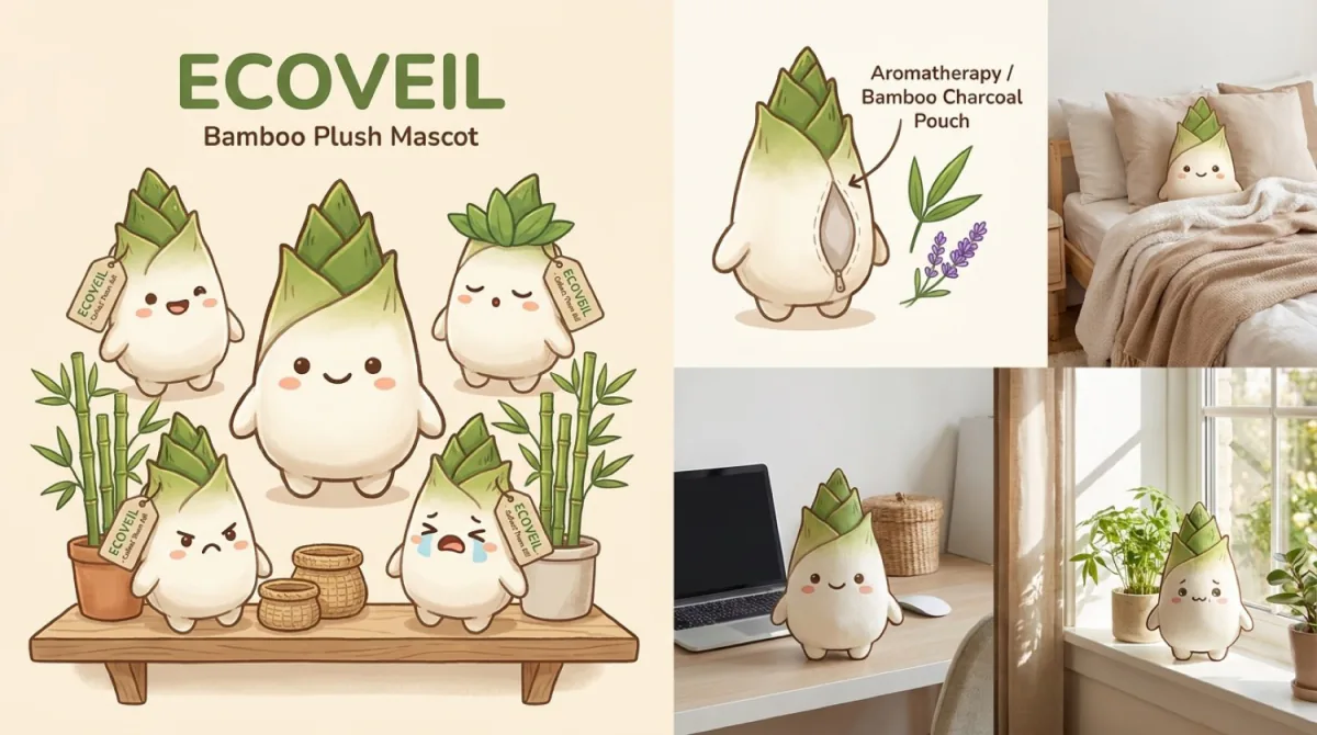 Mascot concept sheet: bamboo-shoot plush characters with expressions and merchandise ideas.