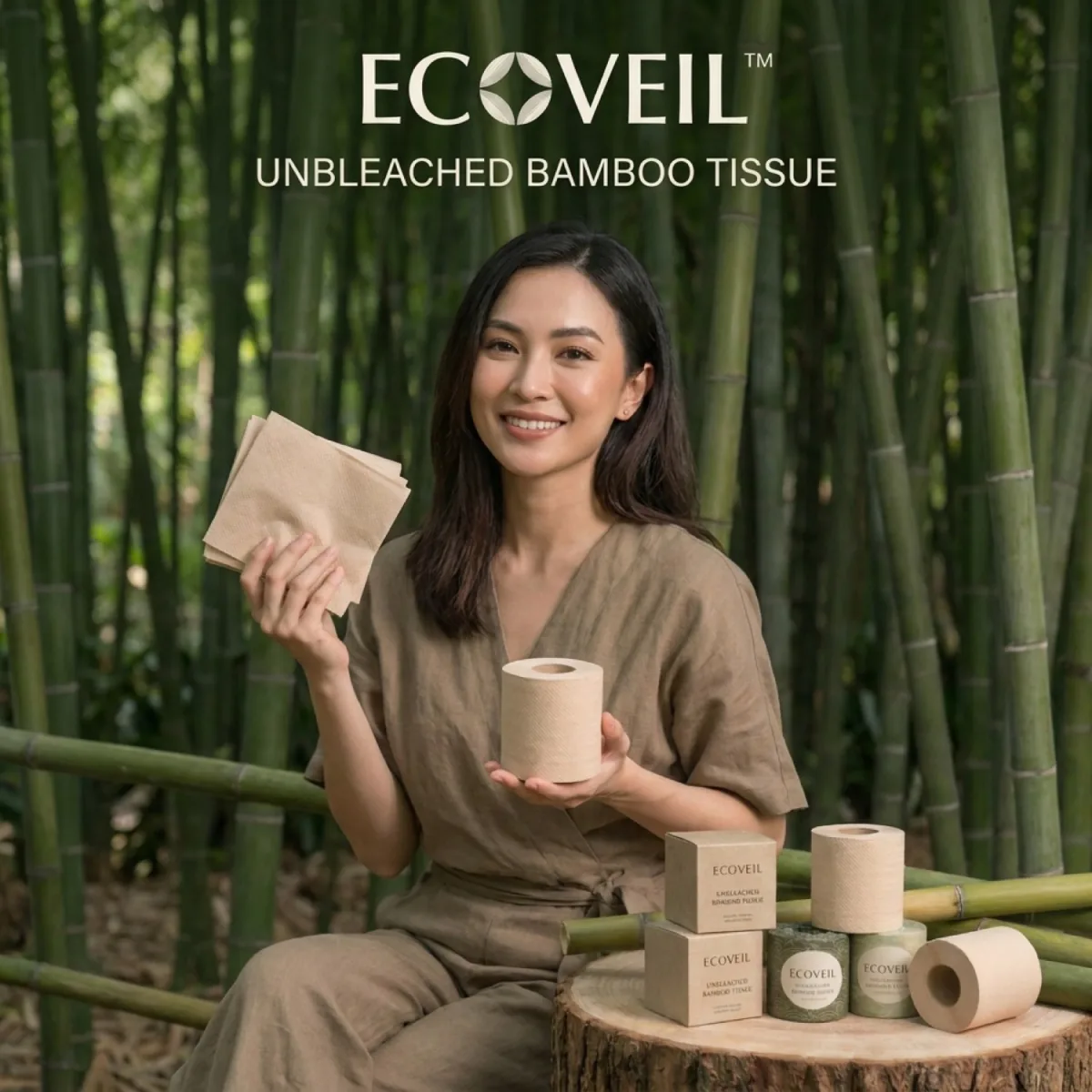 Campaign image: a woman in a bamboo grove holding the product.