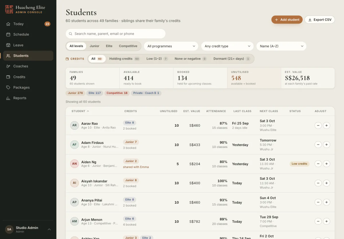 Admin console listing students with credits, attendance and next class.