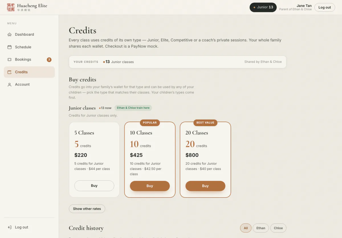 Credits screen in the parent portal with class packages.