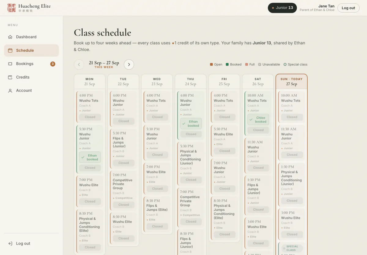 Parent booking portal showing a week of classes, with open, booked and full sessions.