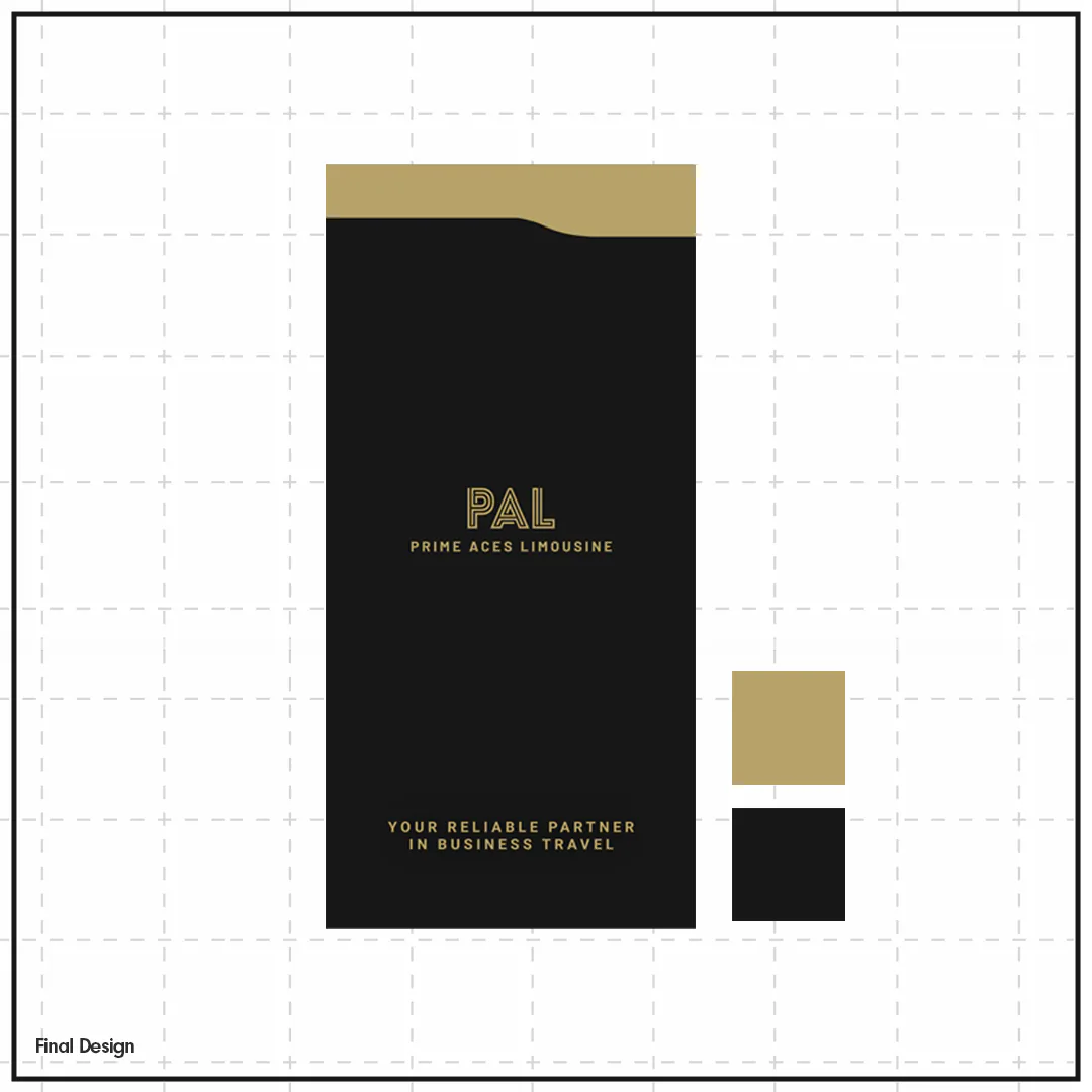 The chosen design: a black sachet with a gold wave, the PAL mark and the line “Your reliable partner in business travel”.