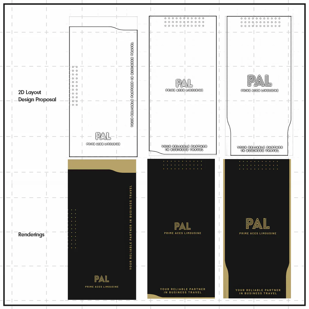 Flat packaging layouts in outline and in black and gold, three options side by side.