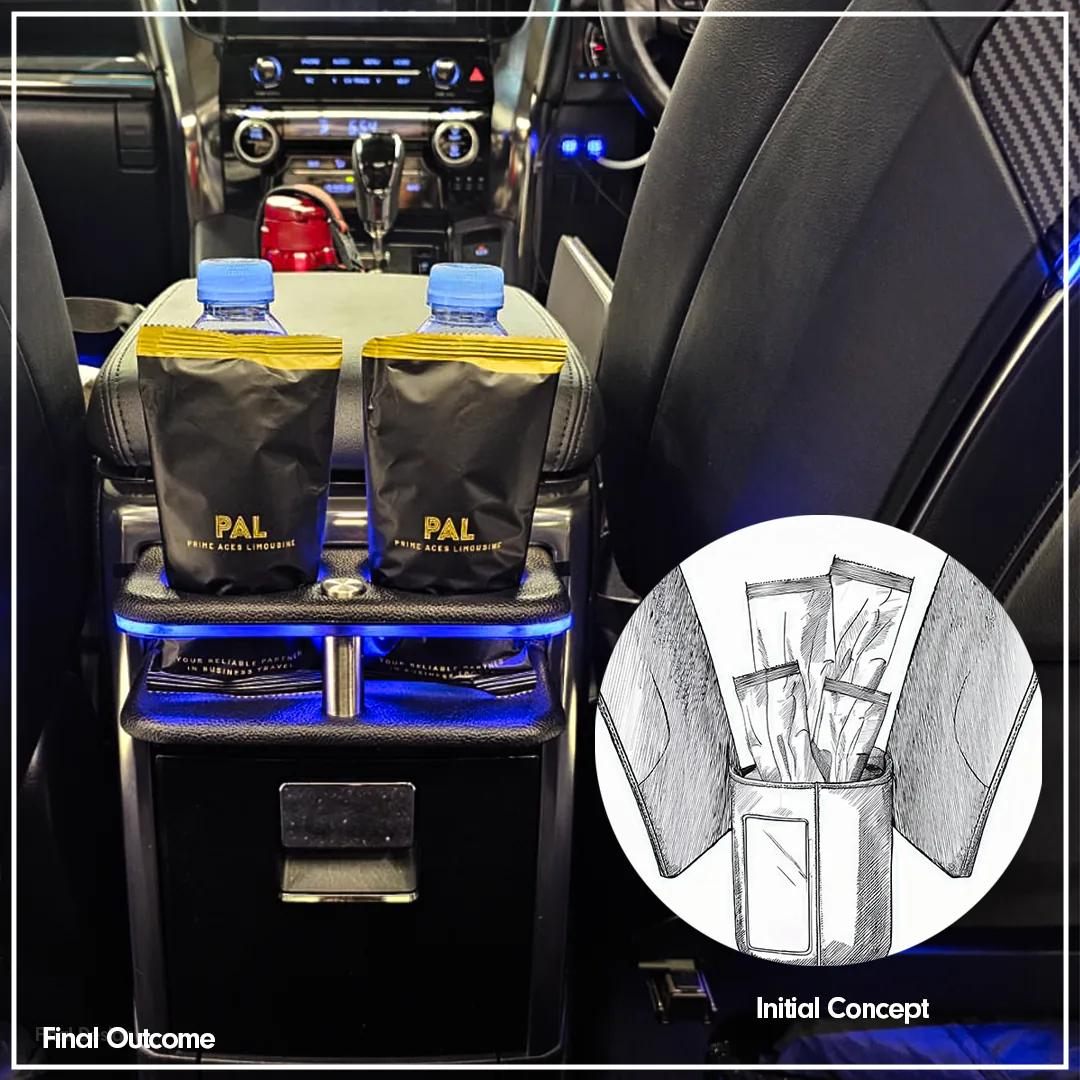 Photograph of the printed black-and-gold sachets standing in the centre console of a limousine, with the first sketch inset.
