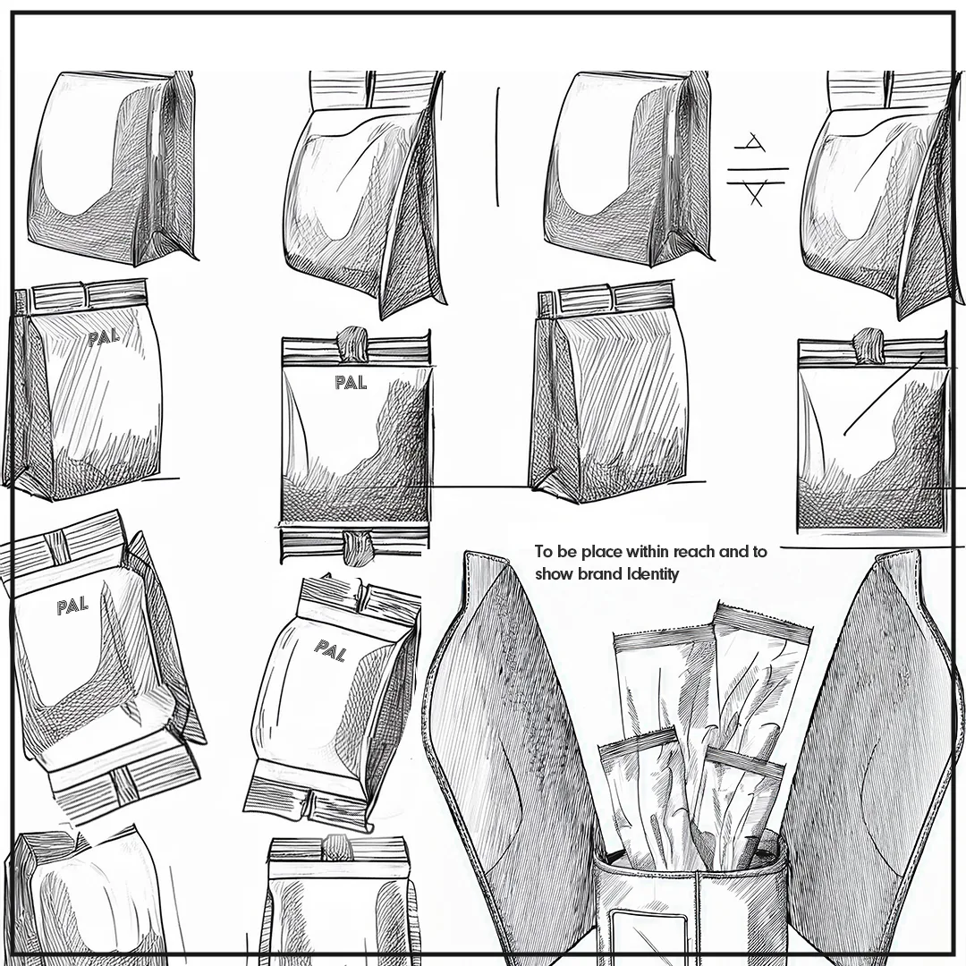 Pencil sketches of sachet shapes, and of sachets standing in a holder in the car.