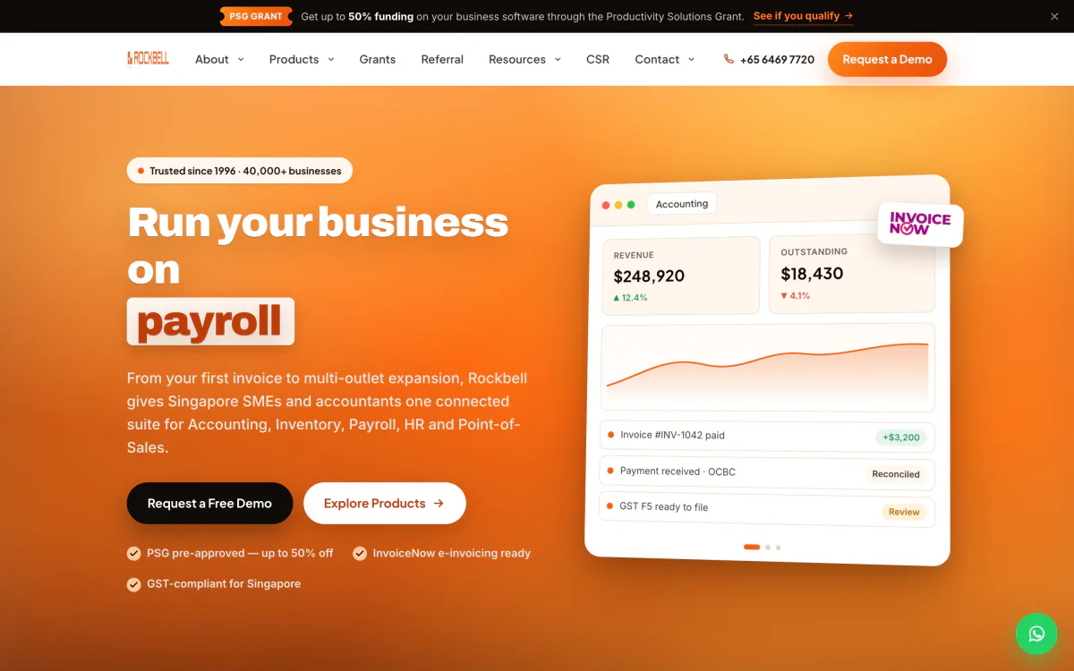 Rockbell homepage on an orange field: “Run your business on payroll”, with an animated accounting dashboard.