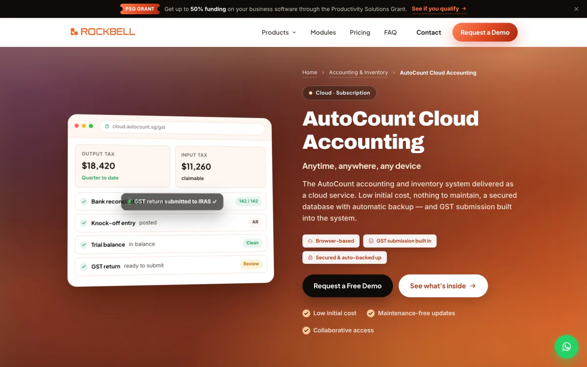 AutoCount Cloud Accounting product page in a deep rust theme.