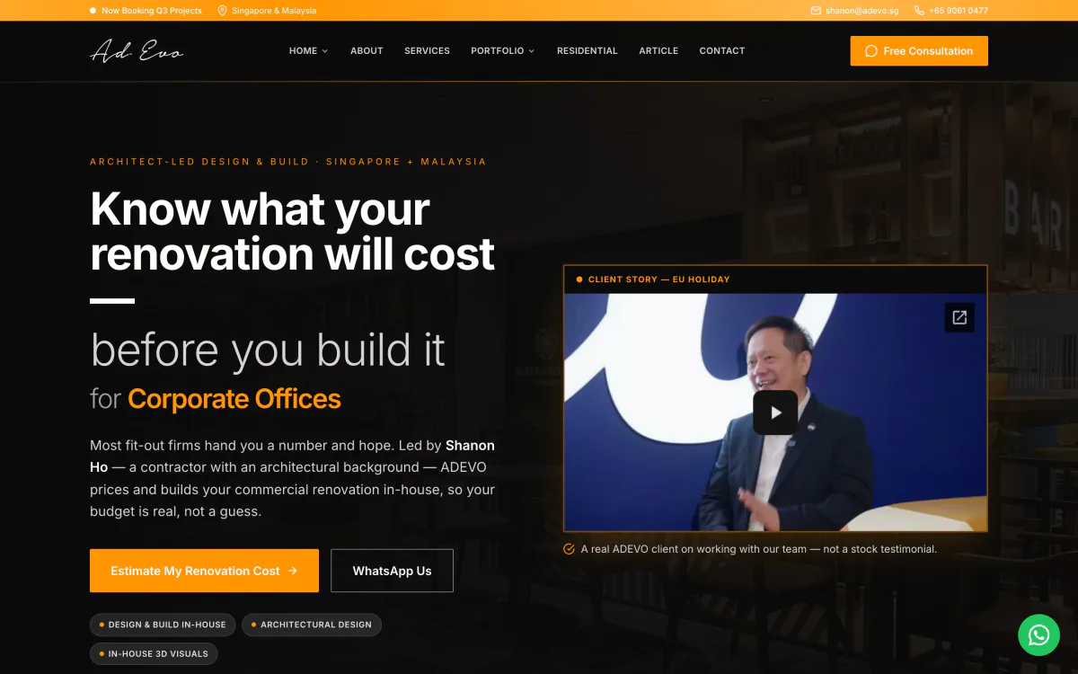 ADEVO landing page: “Know what your renovation will cost before you build it”, with a client video.
