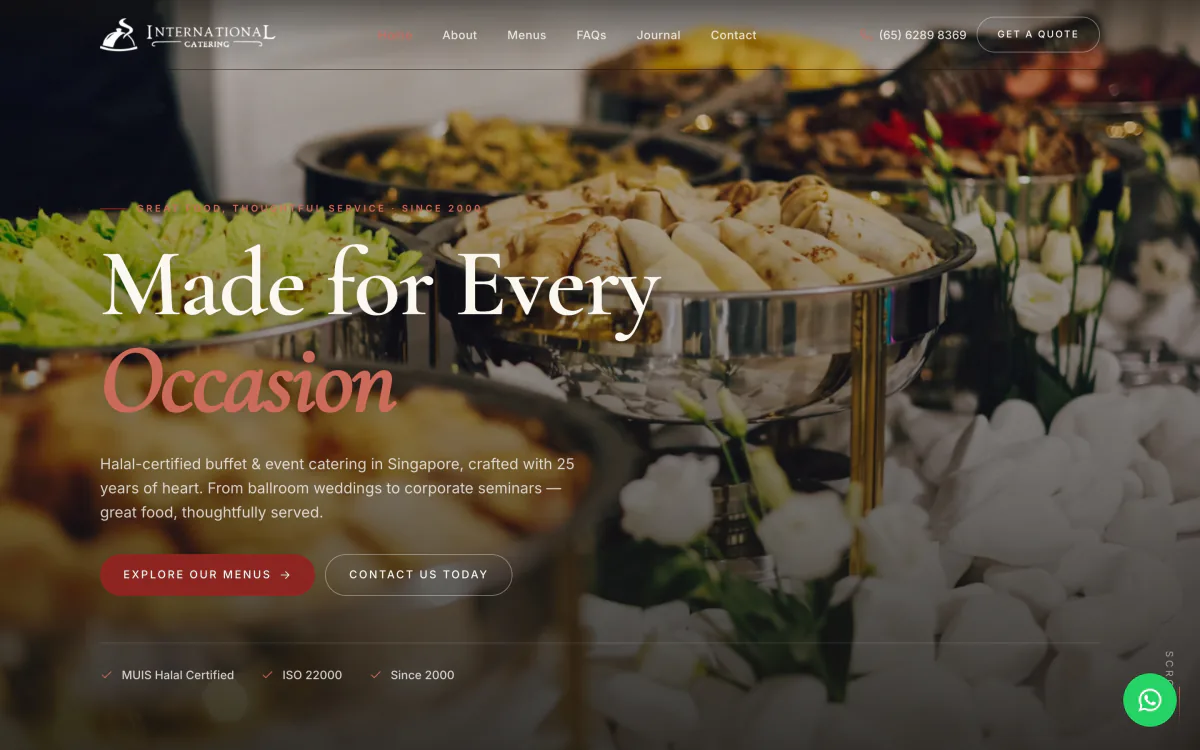 International Catering homepage: “Made for Every Occasion” over a buffet spread.