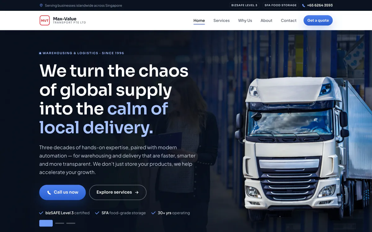Max-Value Transport homepage: “We turn the chaos of global supply into the calm of local delivery.”
