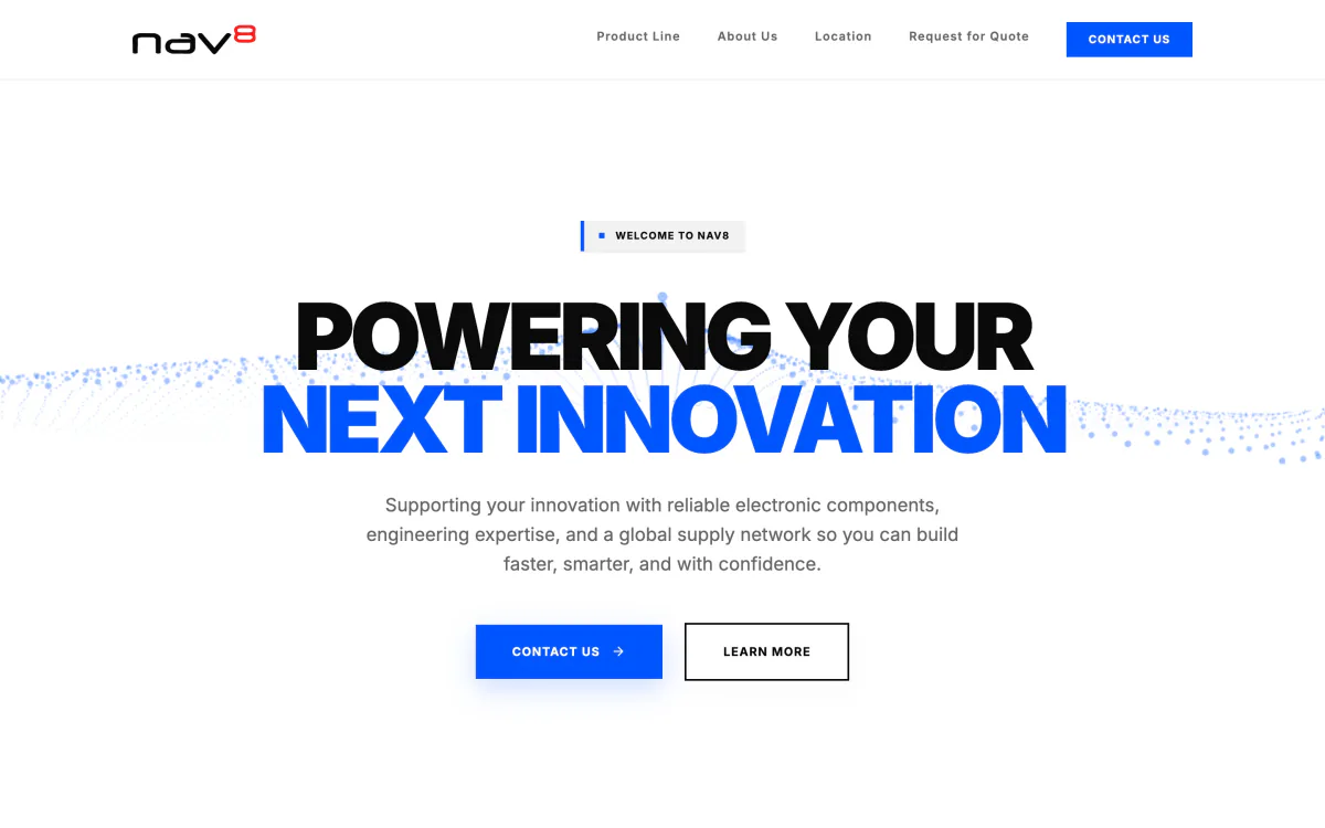 Nav8 homepage: “Powering your next innovation” in heavy black and blue type.