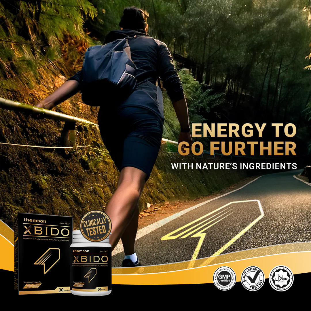Xbido ad: a hiker on a forest road, “Energy to go further with nature’s ingredients”.