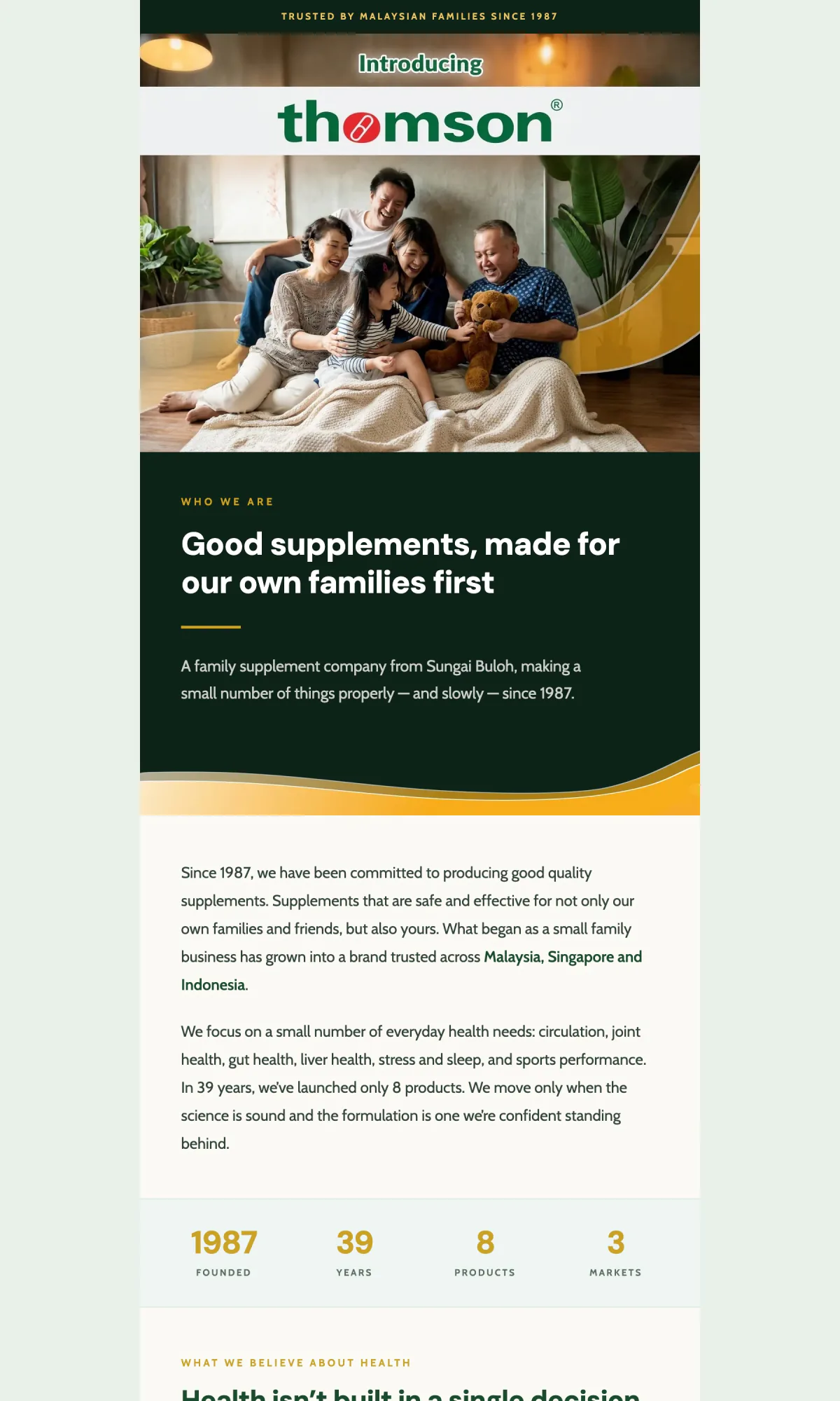 Welcome email introducing Thomson Health: a family photograph, then “Good supplements, made for our own families first”.