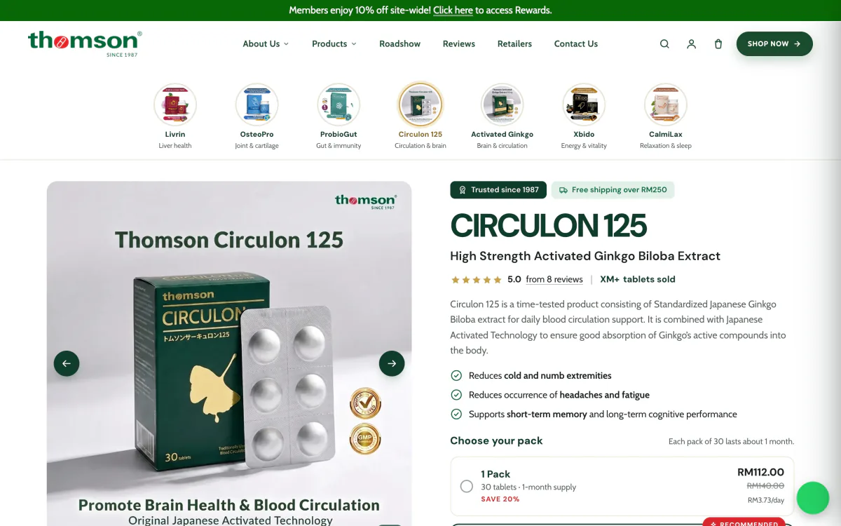 Circulon 125 product landing page for the Malaysia store, with a product range selector and pack options.